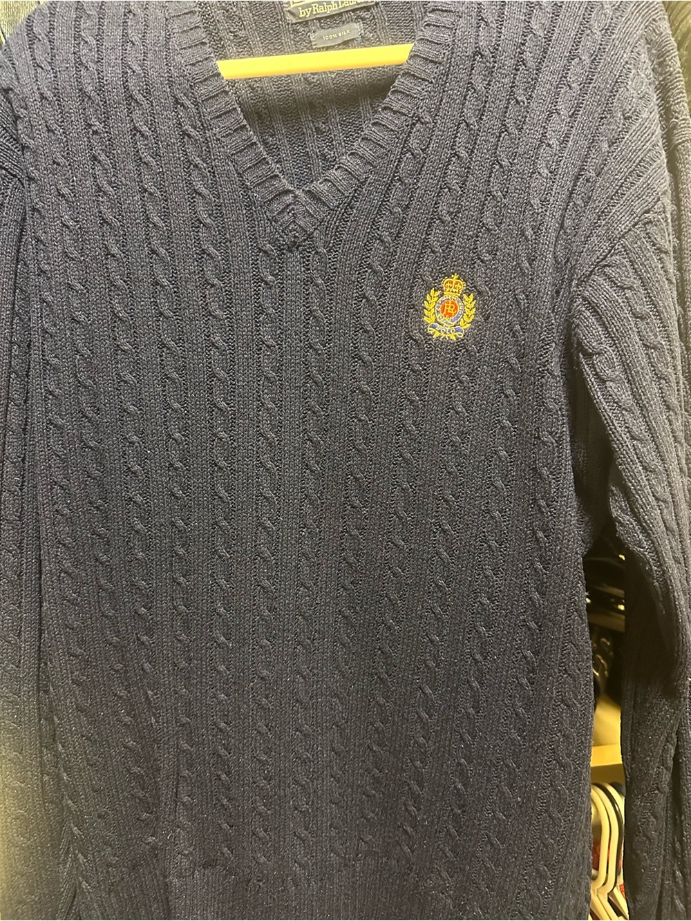 Polo by Ralph Lauren Navy Cable-Knit V-Neck Sweater with Embroidered Crest